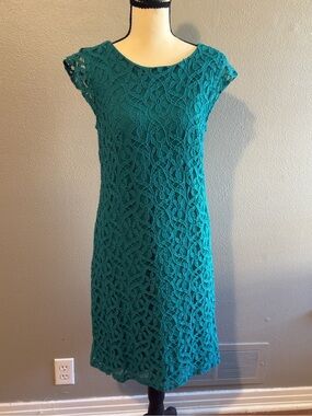 Vintage  R&K Teal Green Floral Lace Sheath Cocktail Dress - Size 8